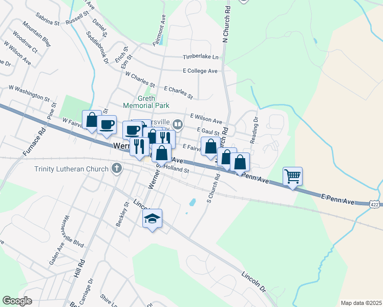 map of restaurants, bars, coffee shops, grocery stores, and more near 113R East Penn Avenue in Wernersville