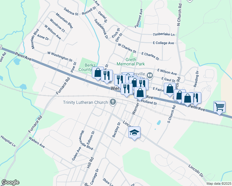 map of restaurants, bars, coffee shops, grocery stores, and more near 72 West Penn Avenue in Wernersville