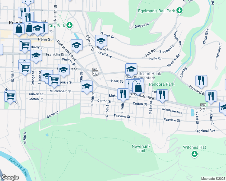 map of restaurants, bars, coffee shops, grocery stores, and more near 1516 Perkiomen Avenue in Reading