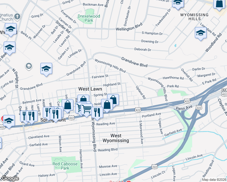 map of restaurants, bars, coffee shops, grocery stores, and more near 115 Telford Avenue in West Lawn