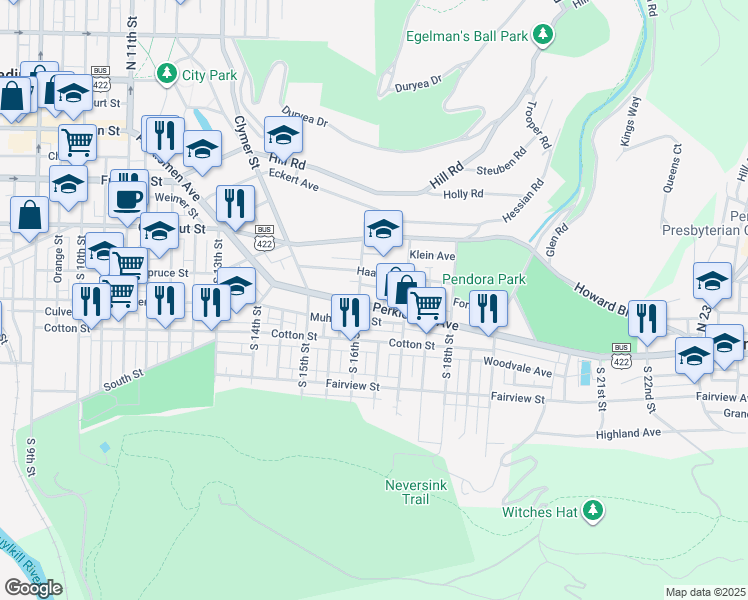 map of restaurants, bars, coffee shops, grocery stores, and more near 1615 Perkiomen Avenue in Reading