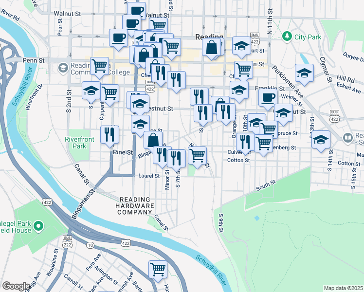 map of restaurants, bars, coffee shops, grocery stores, and more near 403 South 7th Street in Reading