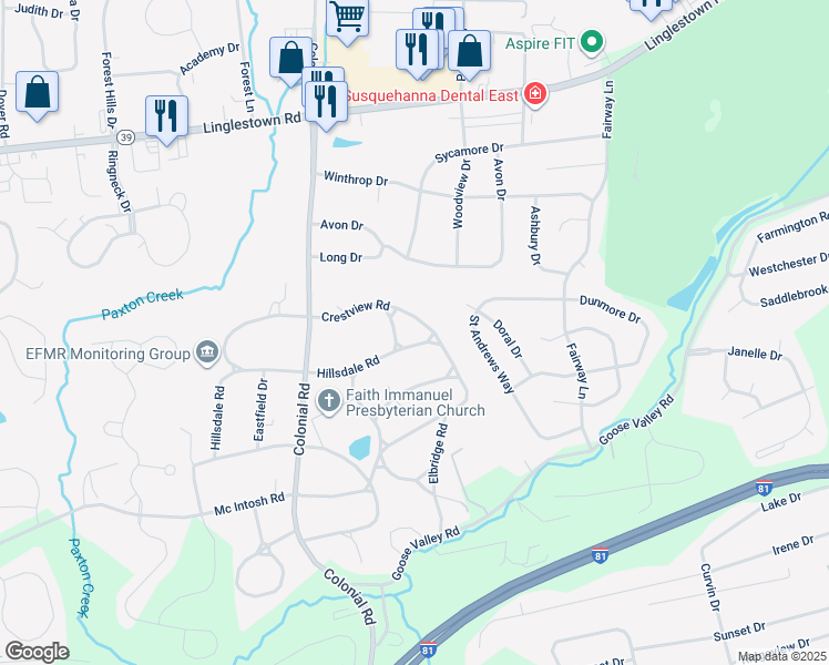 map of restaurants, bars, coffee shops, grocery stores, and more near 4319 Crestview Road in Harrisburg