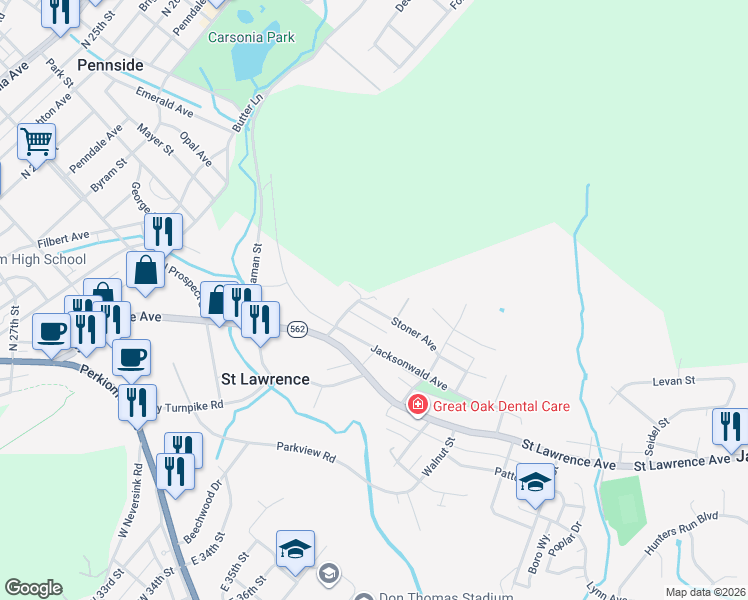 map of restaurants, bars, coffee shops, grocery stores, and more near 3324 Stoner Avenue in Reading