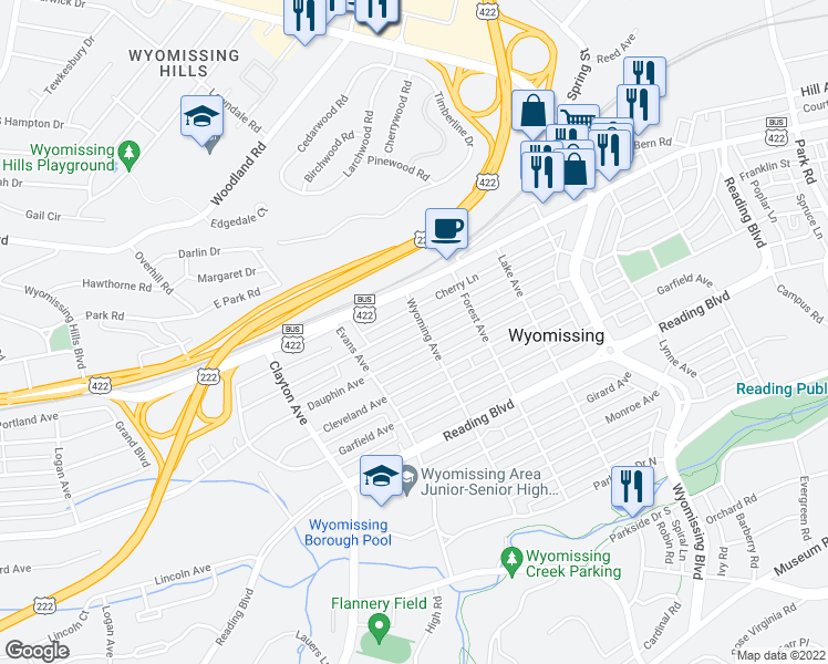 map of restaurants, bars, coffee shops, grocery stores, and more near 1508 Delaware Avenue in Wyomissing