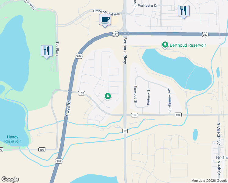 map of restaurants, bars, coffee shops, grocery stores, and more near 2137 Cadman Street in Berthoud