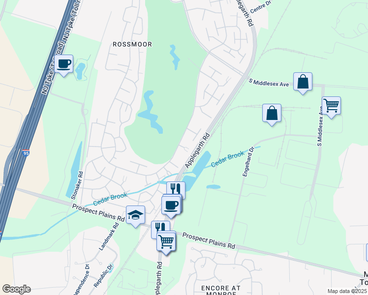 map of restaurants, bars, coffee shops, grocery stores, and more near 279A Milford Lane in Monroe Township