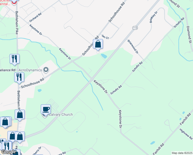 map of restaurants, bars, coffee shops, grocery stores, and more near 901 Pennsylvania 113 in Sellersville