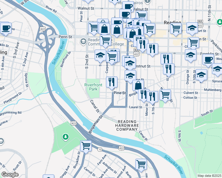 map of restaurants, bars, coffee shops, grocery stores, and more near 407 South 4th Street in Reading