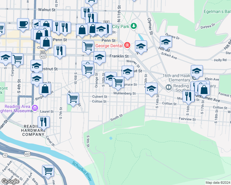 map of restaurants, bars, coffee shops, grocery stores, and more near 348 South 11th Street in Reading