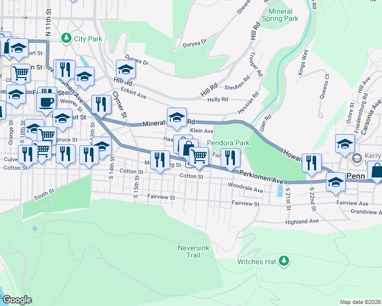 map of restaurants, bars, coffee shops, grocery stores, and more near 321 South 17th Street in Reading