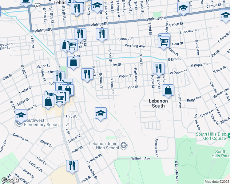 map of restaurants, bars, coffee shops, grocery stores, and more near 720 South Broad Street in Lebanon