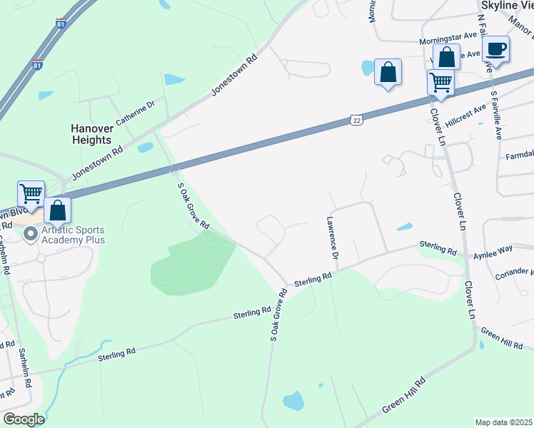 map of restaurants, bars, coffee shops, grocery stores, and more near 7250 White Oak Boulevard in Skyline View