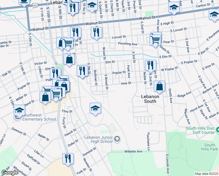 map of restaurants, bars, coffee shops, grocery stores, and more near 720 South Broad Street in Lebanon