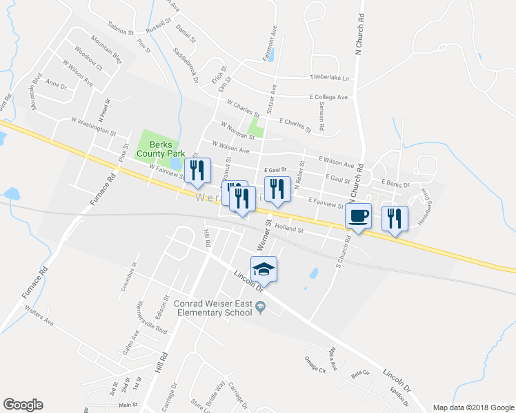 map of restaurants, bars, coffee shops, grocery stores, and more near 17 U.S. 422 in Wernersville