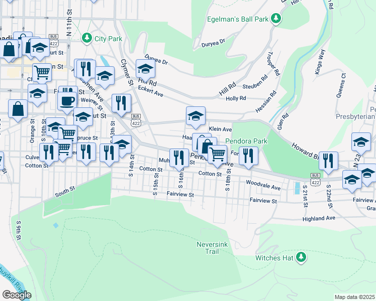 map of restaurants, bars, coffee shops, grocery stores, and more near 1607 Perkiomen Avenue in Reading