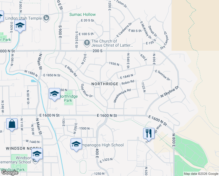 map of restaurants, bars, coffee shops, grocery stores, and more near 442 1730 North in Orem
