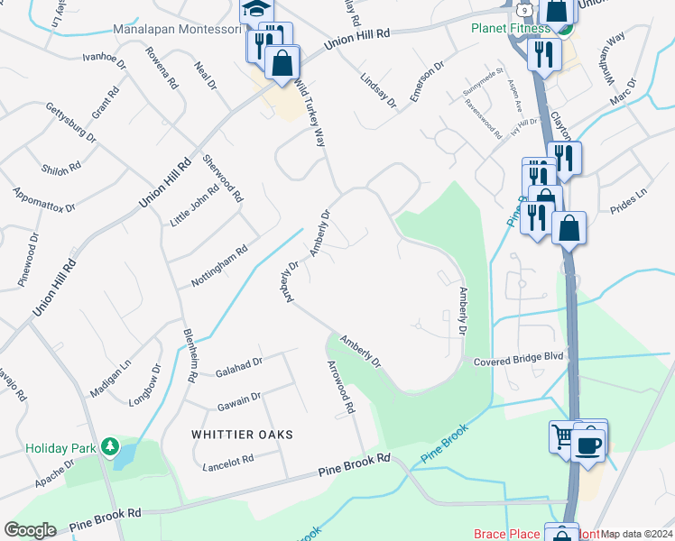 map of restaurants, bars, coffee shops, grocery stores, and more near 105 Amberly Drive in Englishtown