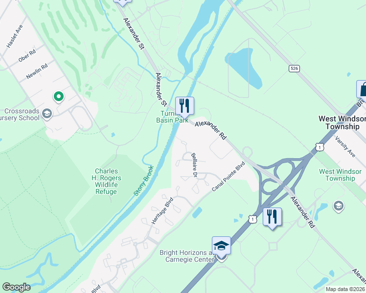 map of restaurants, bars, coffee shops, grocery stores, and more near 12 Bellaire Drive in Princeton