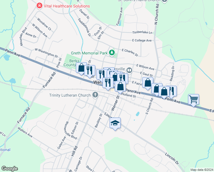 map of restaurants, bars, coffee shops, grocery stores, and more near 29 West Penn Avenue in Wernersville