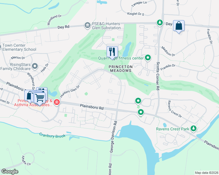 map of restaurants, bars, coffee shops, grocery stores, and more near 7803 Tamarron Drive in Princeton Meadows