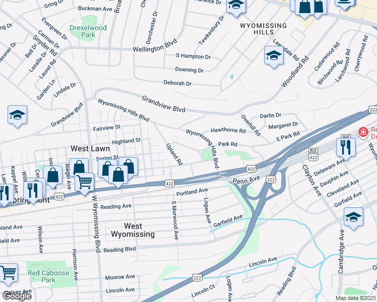 map of restaurants, bars, coffee shops, grocery stores, and more near 64 Park Road in Reading
