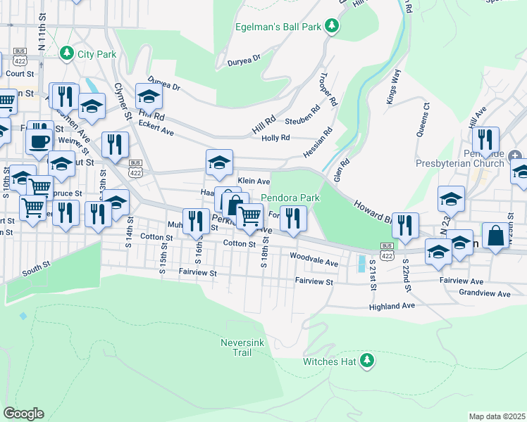 map of restaurants, bars, coffee shops, grocery stores, and more near 1745 Perkiomen Avenue in Reading
