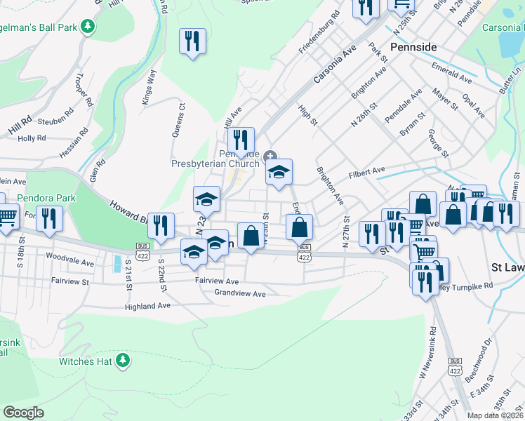 map of restaurants, bars, coffee shops, grocery stores, and more near 2450 Cumberland Avenue in Mount Penn