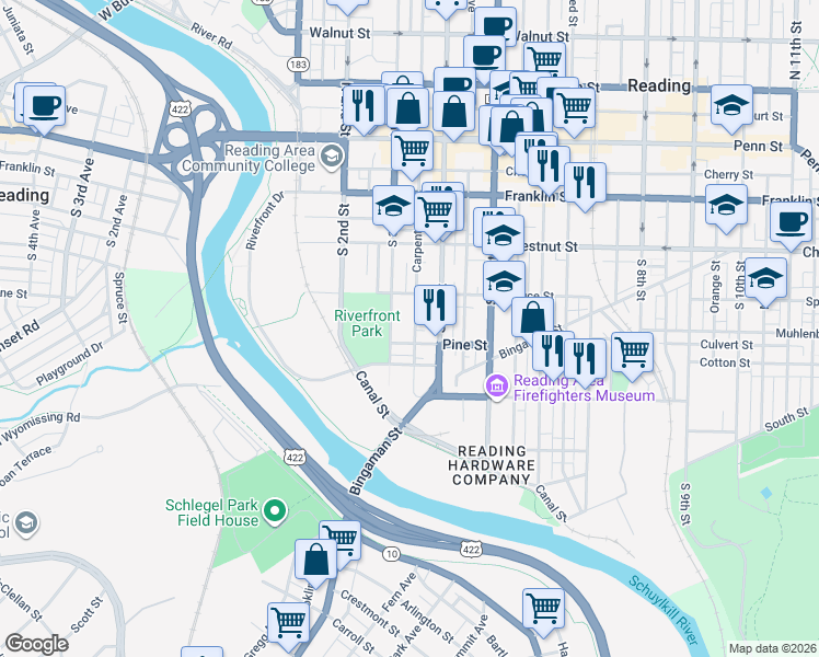 map of restaurants, bars, coffee shops, grocery stores, and more near 310 Pine Street in Reading