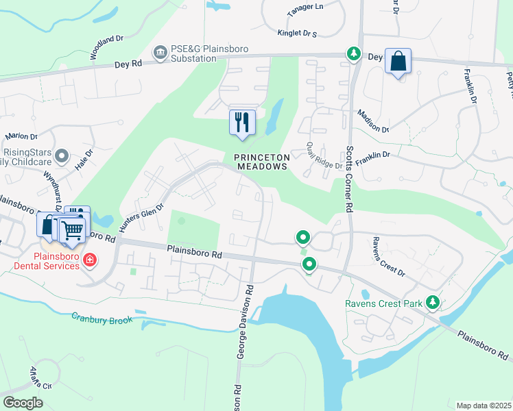 map of restaurants, bars, coffee shops, grocery stores, and more near 8504 Tamarron Drive in Plainsboro Township