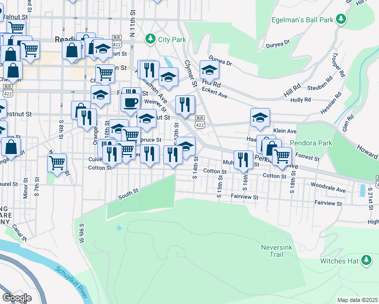 map of restaurants, bars, coffee shops, grocery stores, and more near 1335 Muhlenberg Street in Reading