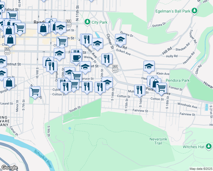 map of restaurants, bars, coffee shops, grocery stores, and more near 421 South 13th Street in Reading