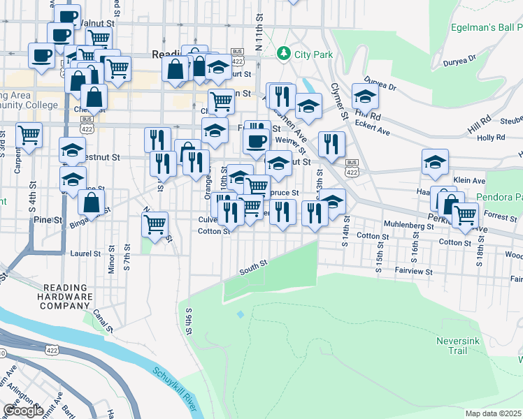 map of restaurants, bars, coffee shops, grocery stores, and more near in Reading