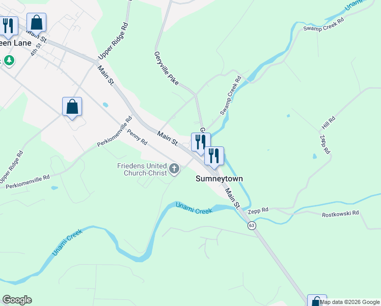 map of restaurants, bars, coffee shops, grocery stores, and more near 3155 Main Street in Green Lane