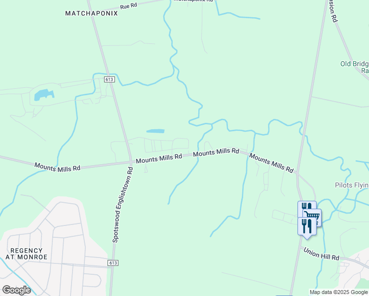 map of restaurants, bars, coffee shops, grocery stores, and more near 332 Mounts Mills Road in Monroe Township