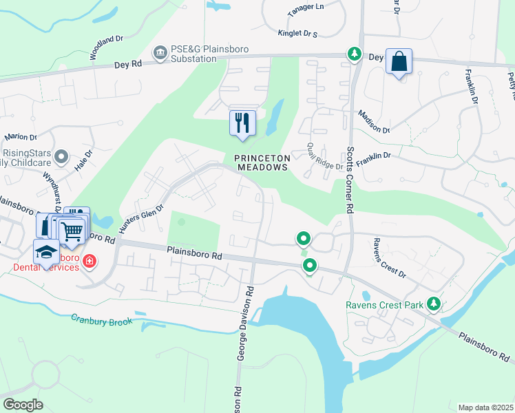 map of restaurants, bars, coffee shops, grocery stores, and more near 163 Hampshire Drive in Princeton Meadows