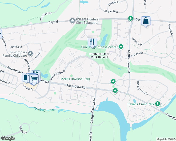 map of restaurants, bars, coffee shops, grocery stores, and more near 7908 Tamarron Drive in Plainsboro Township
