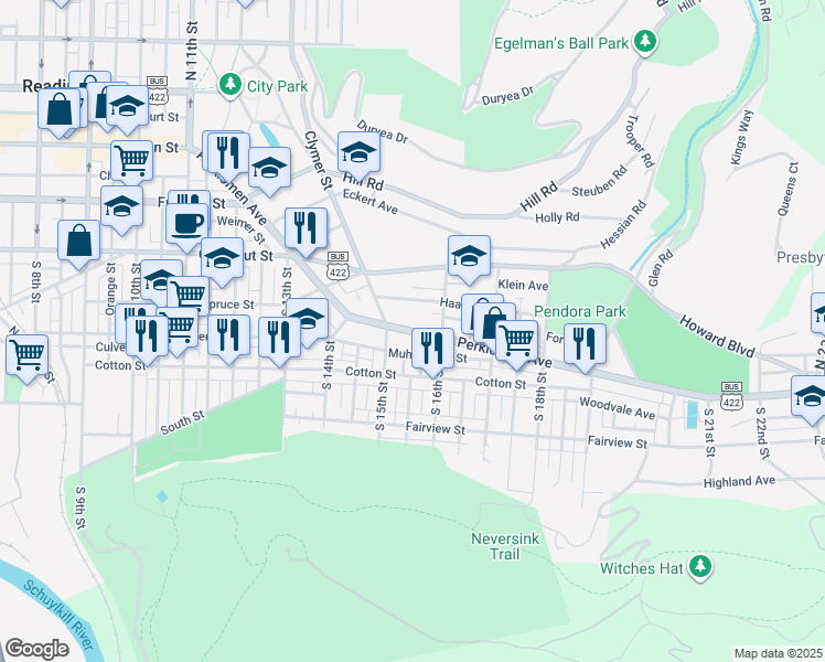map of restaurants, bars, coffee shops, grocery stores, and more near 401 Rehr Street in Reading