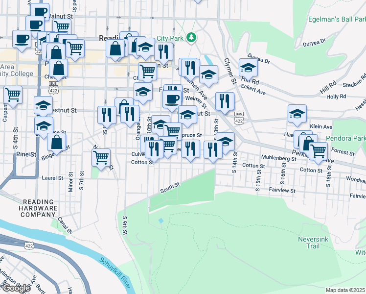 map of restaurants, bars, coffee shops, grocery stores, and more near 421 Wunder Street in Reading