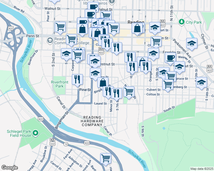 map of restaurants, bars, coffee shops, grocery stores, and more near 612 Pine Street in Reading
