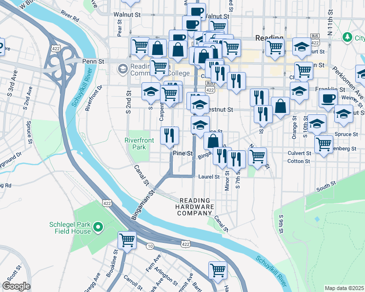 map of restaurants, bars, coffee shops, grocery stores, and more near 438 Pine Street in Reading