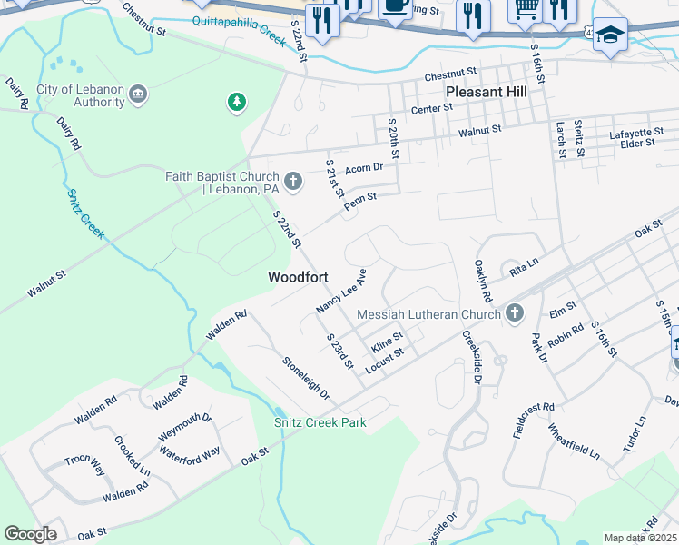 map of restaurants, bars, coffee shops, grocery stores, and more near 79 Creekside Drive in Lebanon