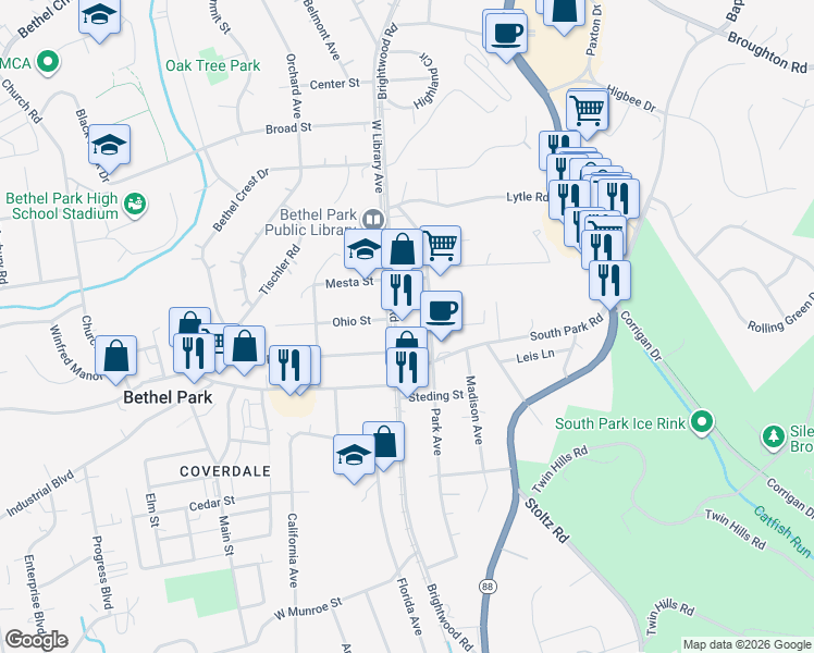map of restaurants, bars, coffee shops, grocery stores, and more near 5180 Park Avenue in Bethel Park