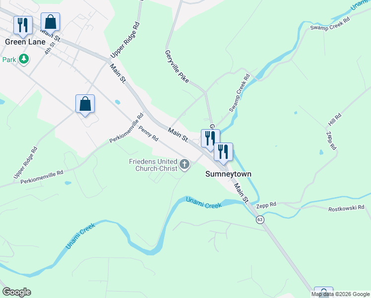 map of restaurants, bars, coffee shops, grocery stores, and more near 3155 Main Street in Green Lane