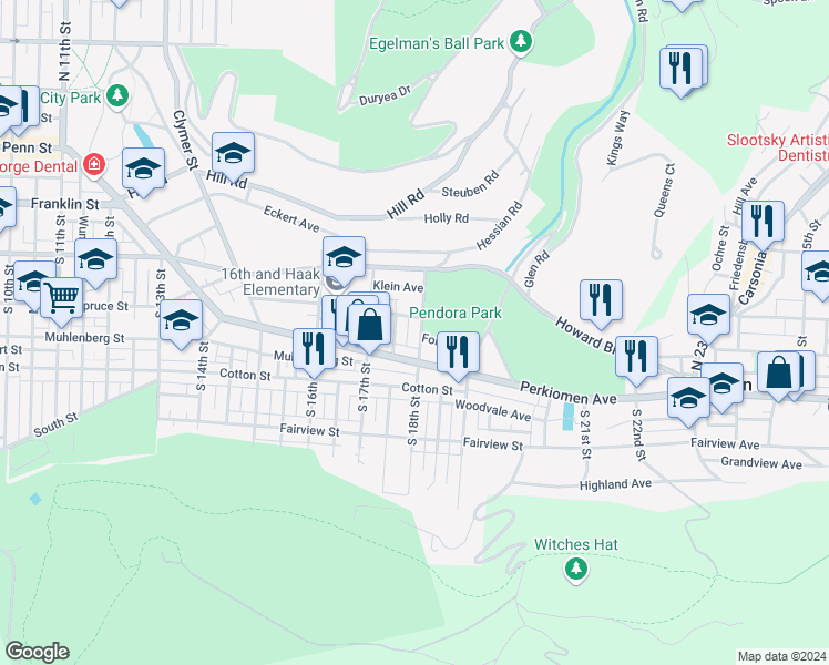 map of restaurants, bars, coffee shops, grocery stores, and more near 326 South 18th Street in Reading