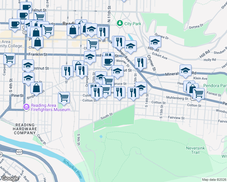 map of restaurants, bars, coffee shops, grocery stores, and more near 421 Wunder Street in Reading