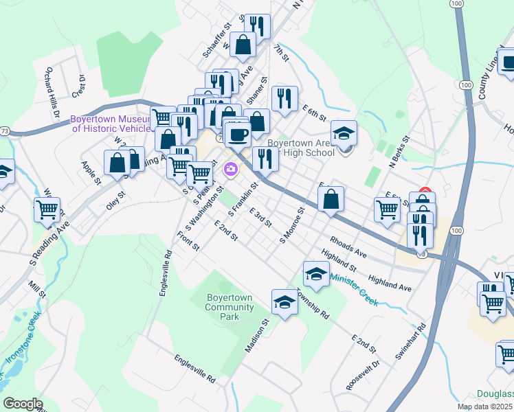 map of restaurants, bars, coffee shops, grocery stores, and more near 329 East 3rd Street in Boyertown