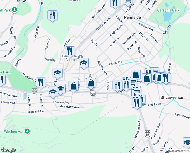 map of restaurants, bars, coffee shops, grocery stores, and more near 101 Endlich Avenue in Mount Penn