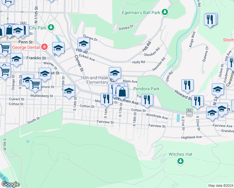 map of restaurants, bars, coffee shops, grocery stores, and more near 329 Hoskins Place in Reading