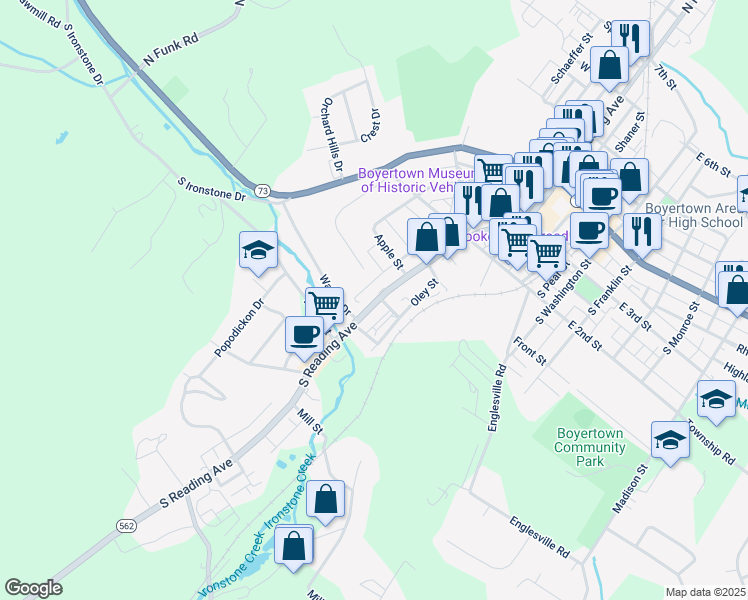 map of restaurants, bars, coffee shops, grocery stores, and more near 377 South Reading Avenue in Boyertown
